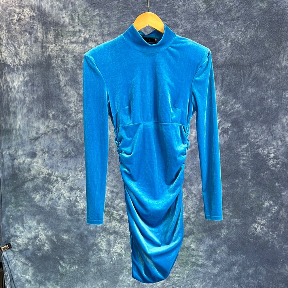 Blue Ruched Long Sleeve Bodycon Dress